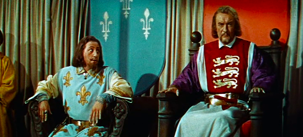 Киноэкранные образы Филиппа II Августа (на всех кадрах запечатлён слева) и Ричарда Львиное Сердце (на всех кадрах запечатлён справа). Здесь и далее по тексту размещены кадры из фильма «Ричард Львиное Сердце» (оригинальное название – «Король Ричард и крестоносцы»; «King Richard and the Crusaders») [1954; производство – США. Режиссёр – Дэвид Батлер. Автор сценария – Джон Твист]. В роли короля Франции – американский актёр Генри Корден. В роли английского короля – британский актёр Джордж Генри Сандерс