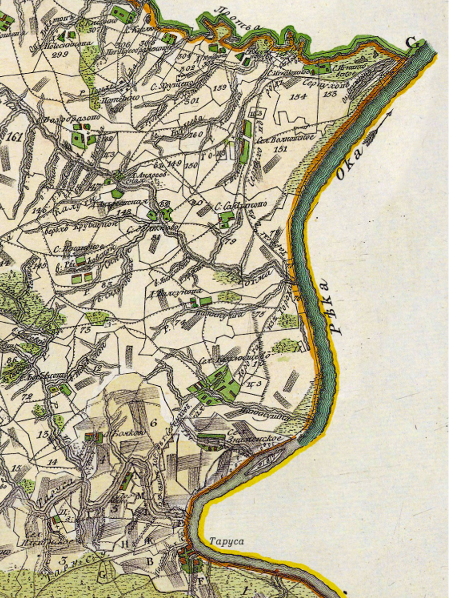 План Генерального Межевания Тарусского уезда Калужского наместничества масштаба две версты в дюйме 1:84000. По данным межевания с 1776-1782 гг.
Источник: http://www.etomesto.ru/
