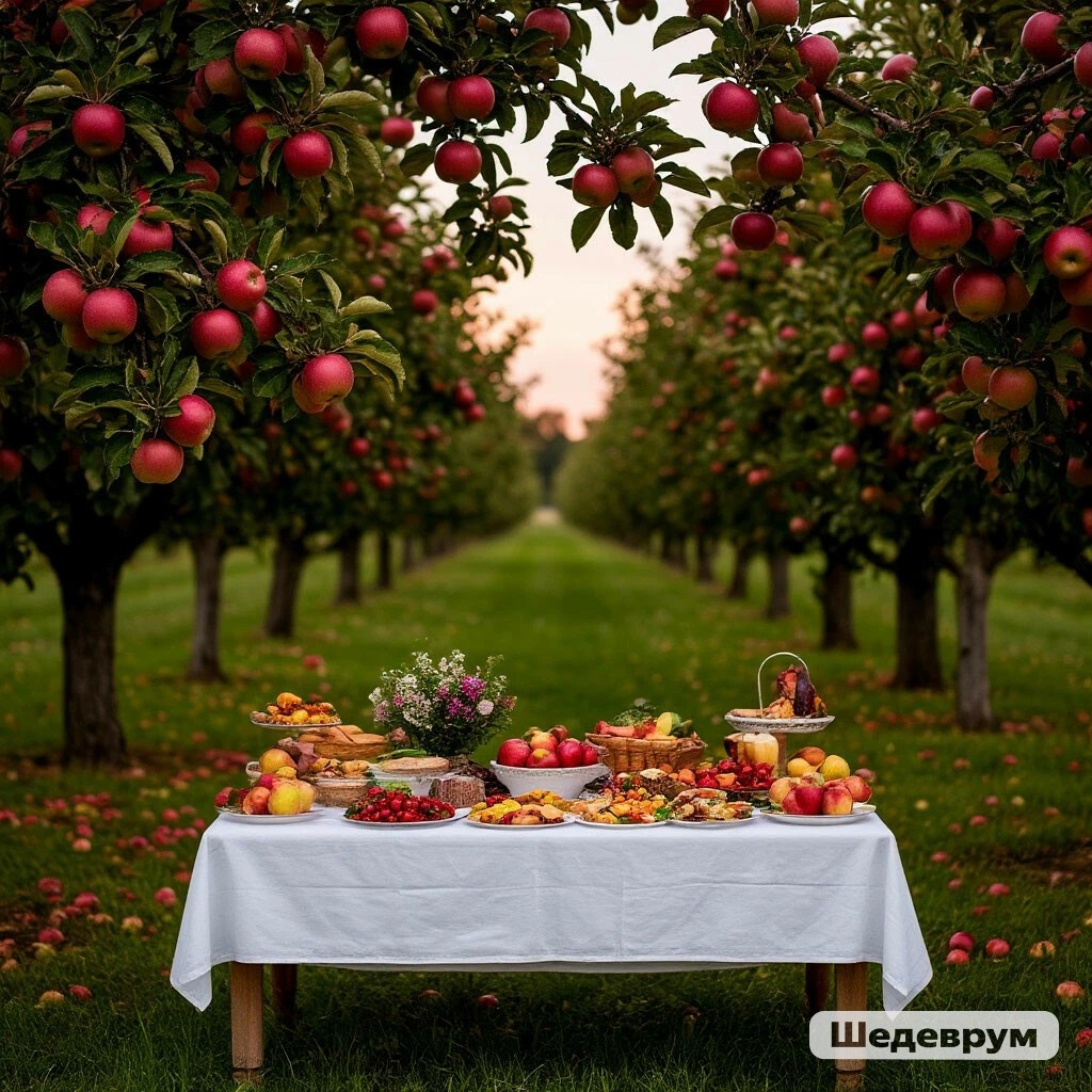 Вот так ИИ представляет ужин в яблоневом саду. Сгенерировано нейросетью Шедеврум по запросу автора.