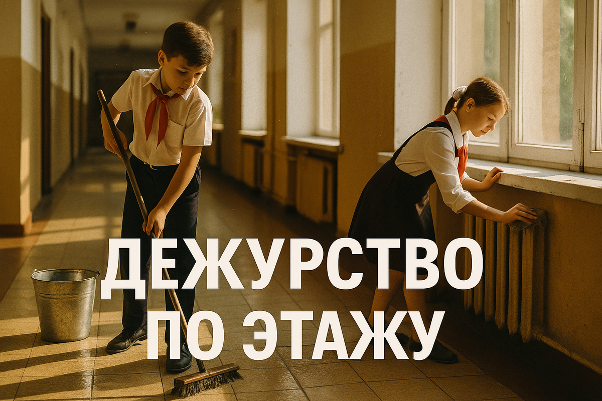 Дежурные-пионеры приводят коридор в сияние: ведро, швабра и тёплые лучи скользят по плитке, а в каждом взмахе — первое ощущение ответственности и гордости за свой этаж.