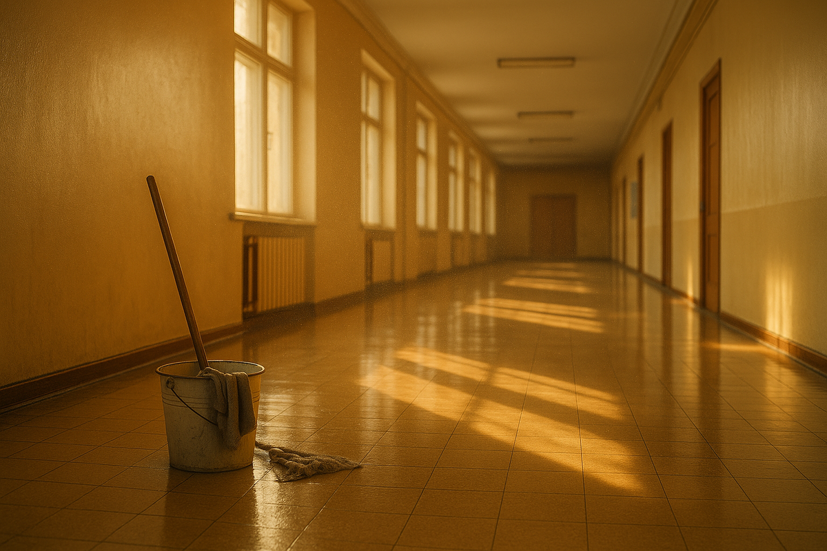 Пустой коридор блестит после утренней уборки: железное ведро и тряпка — единственные «дежурные», которые уже сделали своё дело.