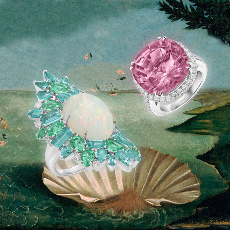 Кольца Sutra Jewels из белого золота с опалом, турмалинами параиба и бриллиантамии Mercury Color из белого золота с бриллиантами и турмалином