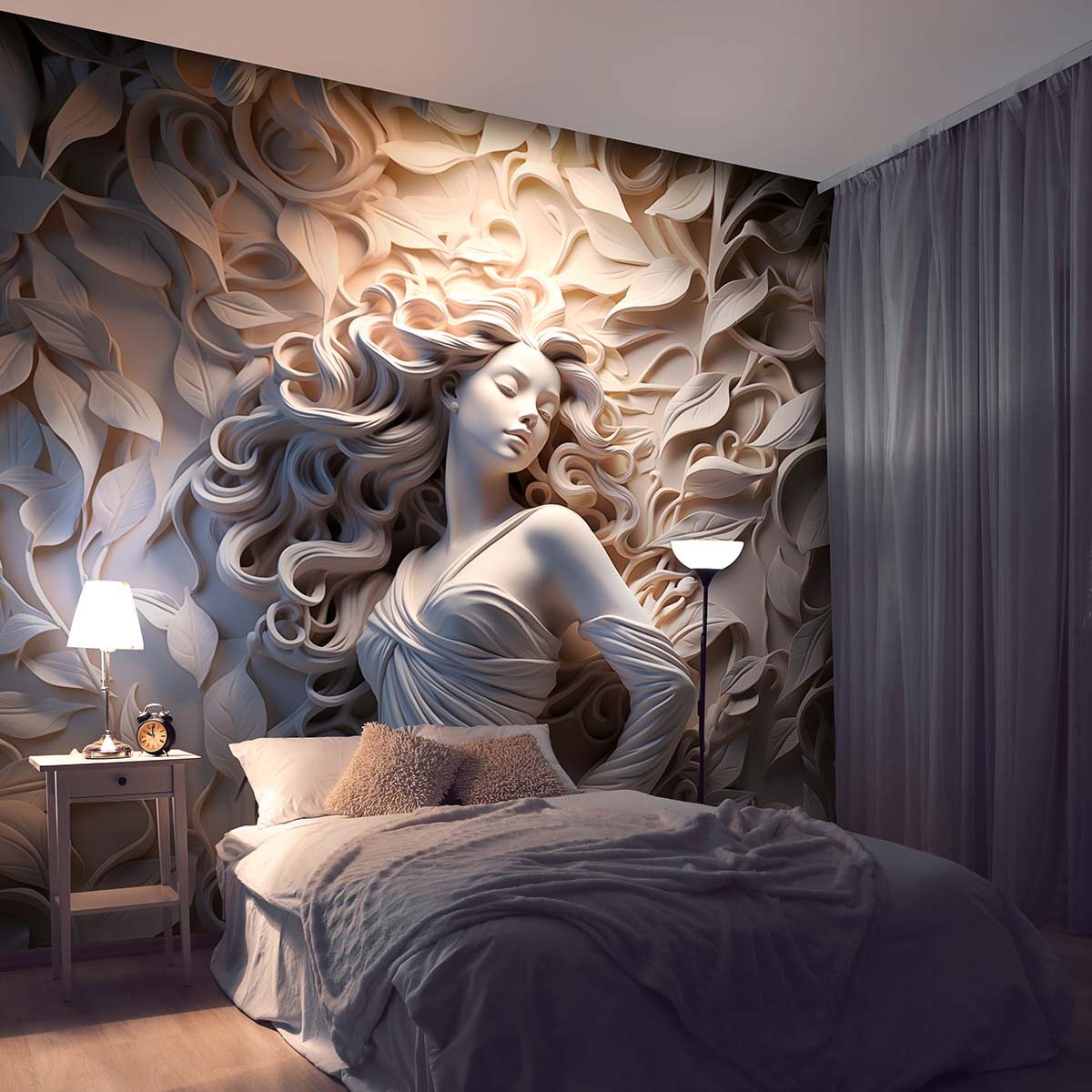 Пример интерьера спальни с теплым светом и акцентной отделкой стены флизелиновыми фотообоями VEROL. Артикул на WB: 211330624.