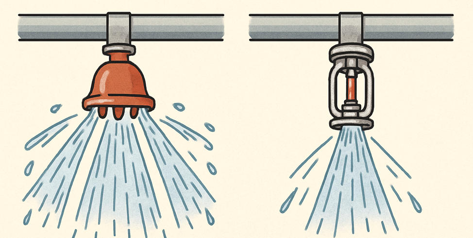 Слева на картинке показана дренчерная система, справа — спринклерная