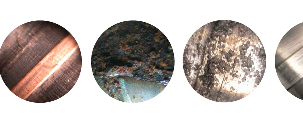 Слева направо: Отложения меди в стволе; Коррозия; Воронки; Хорошо вычищенный ствол.