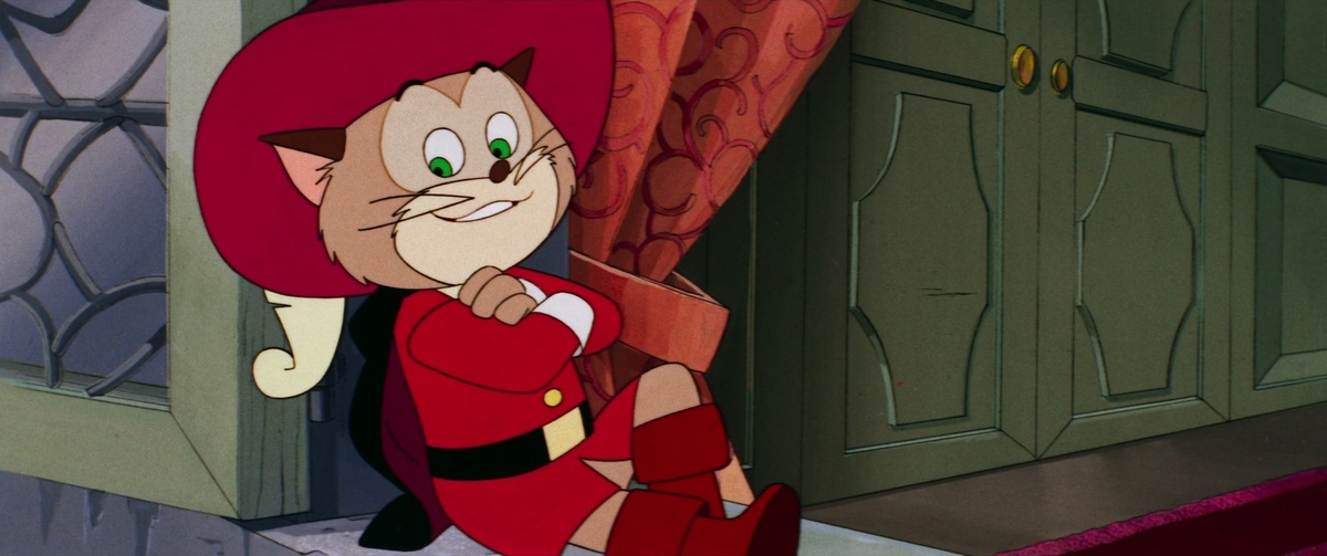 Кадр из обозреваемого аниме. Здесь изображён кот Перо, чьё имя стало отсылкой на Шарля Перро, написавшего самый известный вариант сказки о коте в сапогах (да, существует не одна версия оной!).