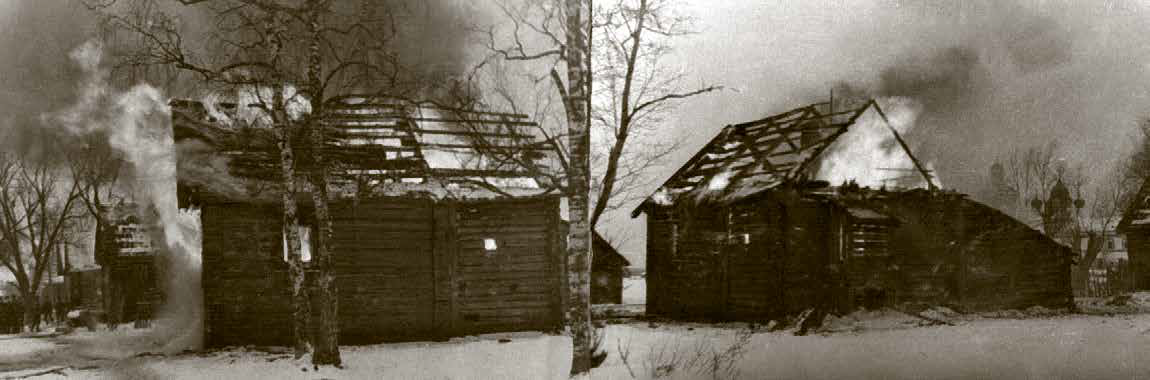 «Горят деревни после отступления гитлеровцев. Одна из деревень Батецкого района Ленинградской области», 1944 год