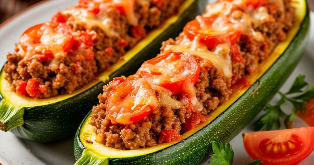Лодочки из кабачков с куриным фаршем, грибами и помидорами — вкусное блюдо в духовке