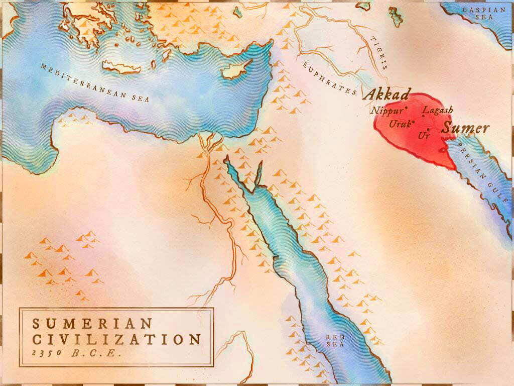 Карта границ Древнего Шумера на Большом Ближнем Востоке в 2350 году до н. э. Источник: Age of Empires