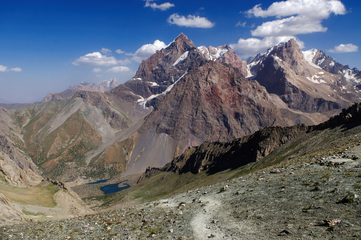 Вид с Алаудинского перевала (3780 м) на горы-пятитысячники Чапдару, Бодхону и Замок. Озера тут находятся на высоте около 2800 м.