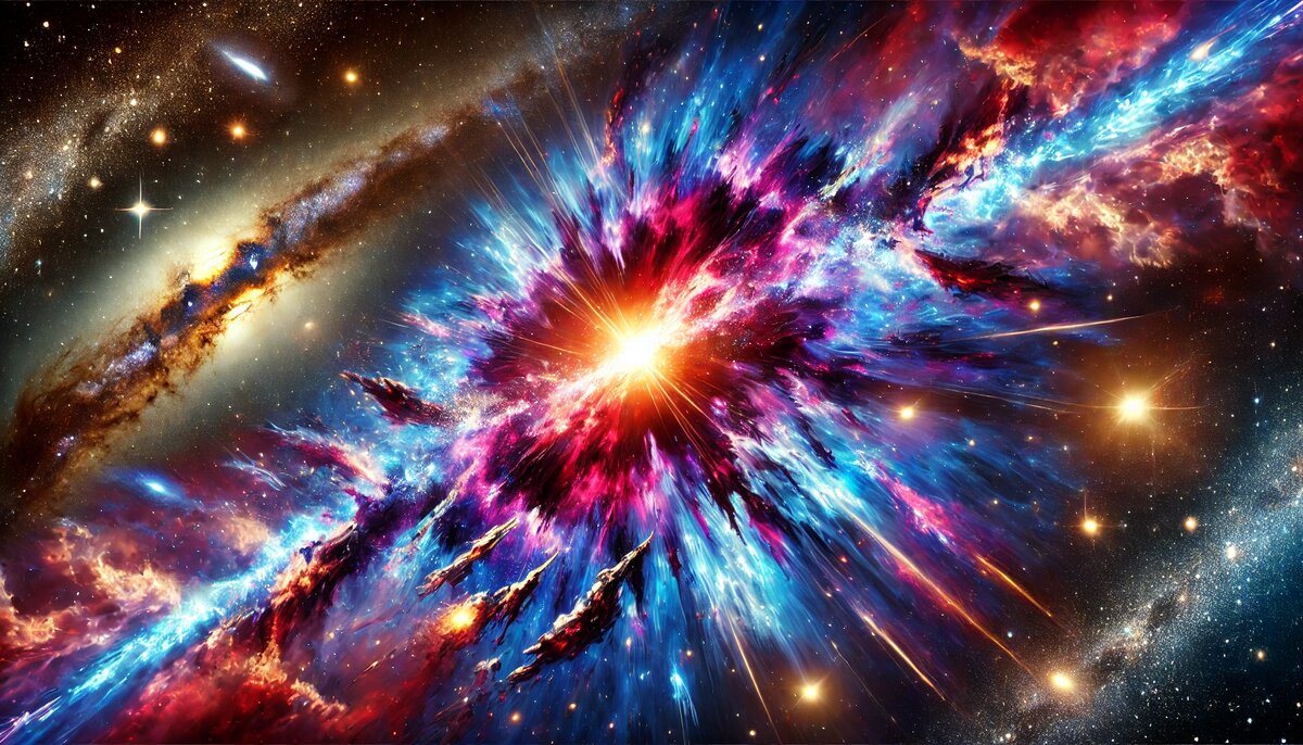 Иллюстрация, показывающая, как галактики и звезды разрываются в результате ускоренного расширения Вселенной, с яркими цветами и динамическим движением