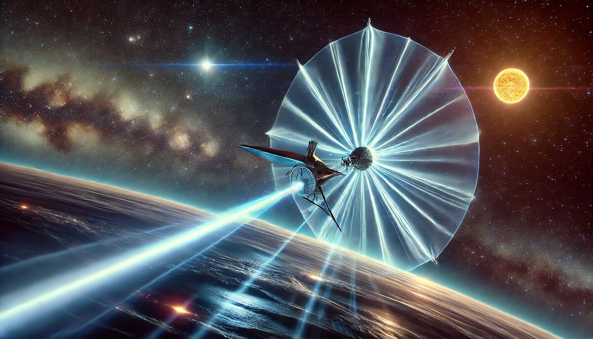 Миниатюрный зонд на сверхтонком парусе, мчится по лазерному лучу через межзвёздное пространство к Проксиме Центавре — символ прорыва и технологического чуда
