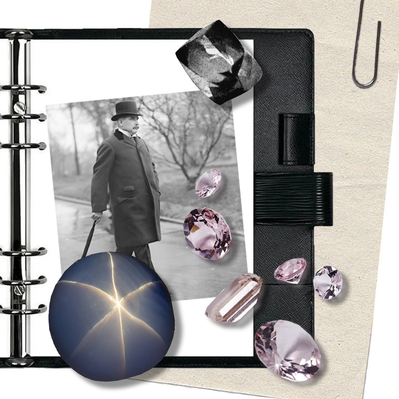 На фото: Джон Пирпонт Морган || сапфир «Звезда Индии» (563,35 к), алмаз «Орел» (110,3 к), россыпь морганитов