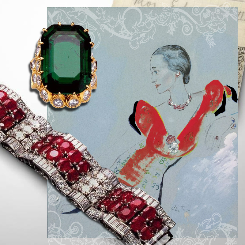 На фото: Портрет миссис Уоллис Симпсон кисти Сесил Уолтер Харди Битон || кольцо с изумрудом (19,77 к) и бриллиантами, браслет Hold Tight с бриллиантами и рубинами