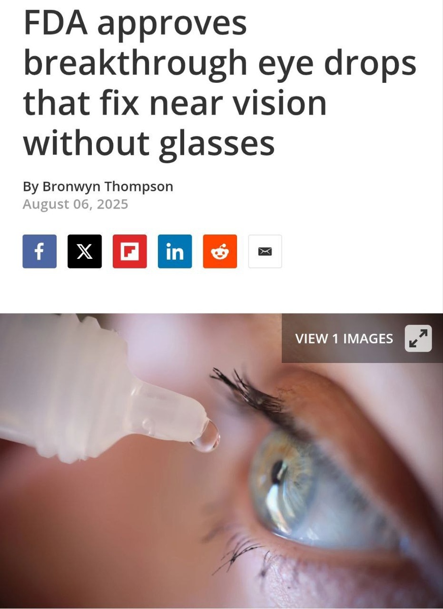 Старческая слепота — ВСЁ: появились капли, которые восстанавливают зрение, превращая глаза 70-летних в глаза 20-летних. 

Революционный препарат VIZZ уже одобрили в FDA. Главное:

🤢Всего за 30 минут капли превращают зрение в идеальное. Эффект от лекарства держится до 10 часов.

🤢Всё из-за того, что препарат сужает зрачок, и глаз чётко фокусируется на любом расстоянии. При этом он не вызывает боли, побочек и не ухудшает дальнее зрение.

🤢Прорыв, над которым учёные трудились более 20 лет, поступит в продажу уже к концу 2025 года.

Выбрасываем очки 