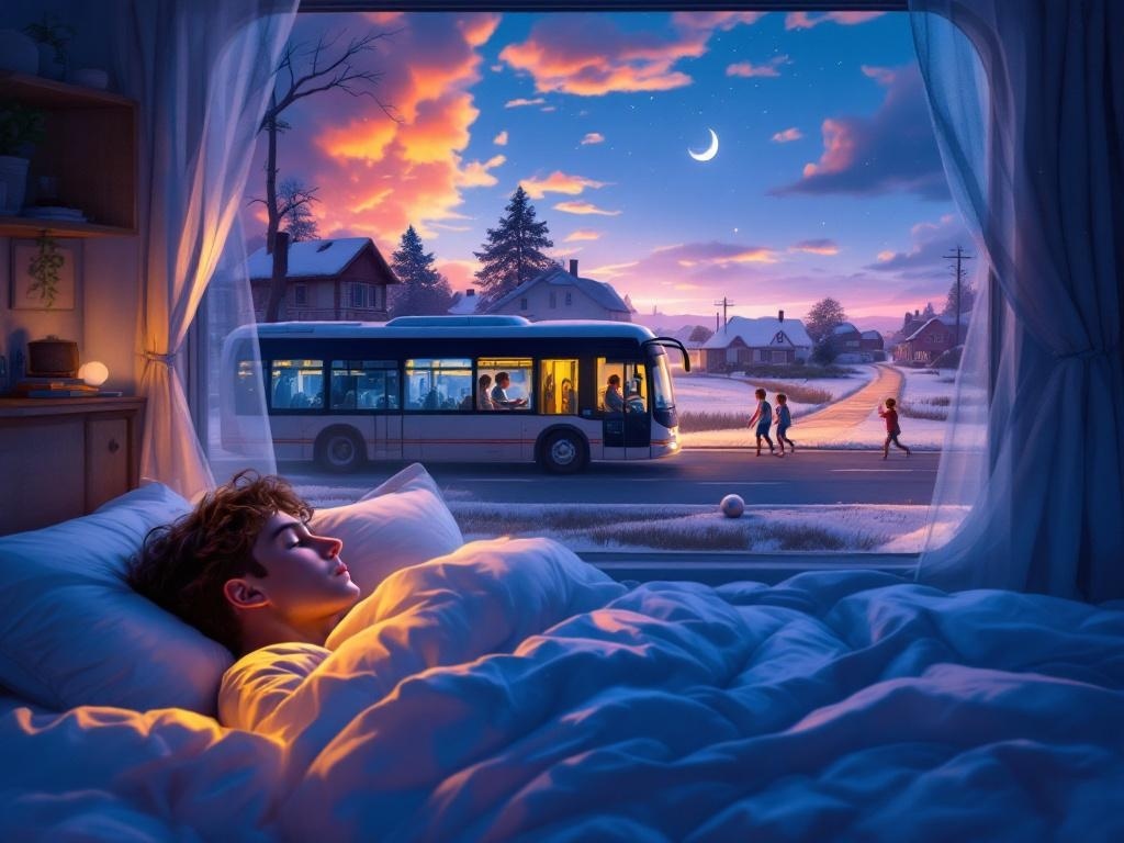    К чему такое снится: На картине изображён автобус, мчащийся по дороге сквозь посёлок. В окне автобуса виден подросток, который смотрит на улицу с домами, где он рос. Вдоль дороги видны д