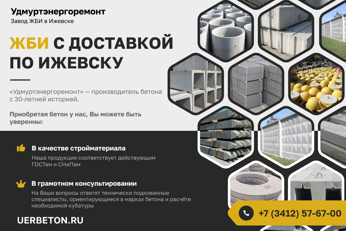 Изделия ЖБИ в Ижевске. Лежни, плиты перекрытия, перемычки из бетона, лотки теплотрас. https://uerbeton.ru/, +7(3412)576-700. Завод бетона и ЖБИ в Ижевске «Удмуртэнергоремонт»