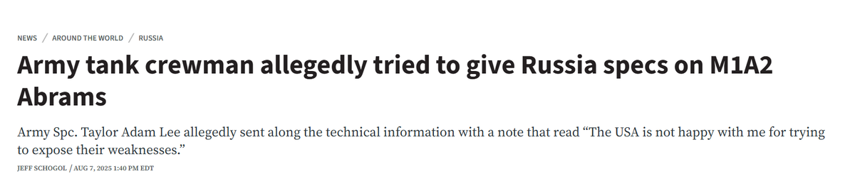 Танкист предположительно пытался передать России технические характеристики M1A2 Abrams
Специалист армии Тейлор Адам Ли предположительно отправил техническую информацию с запиской, в которой говорилось: «США недовольны моей попыткой раскрыть их слабости»