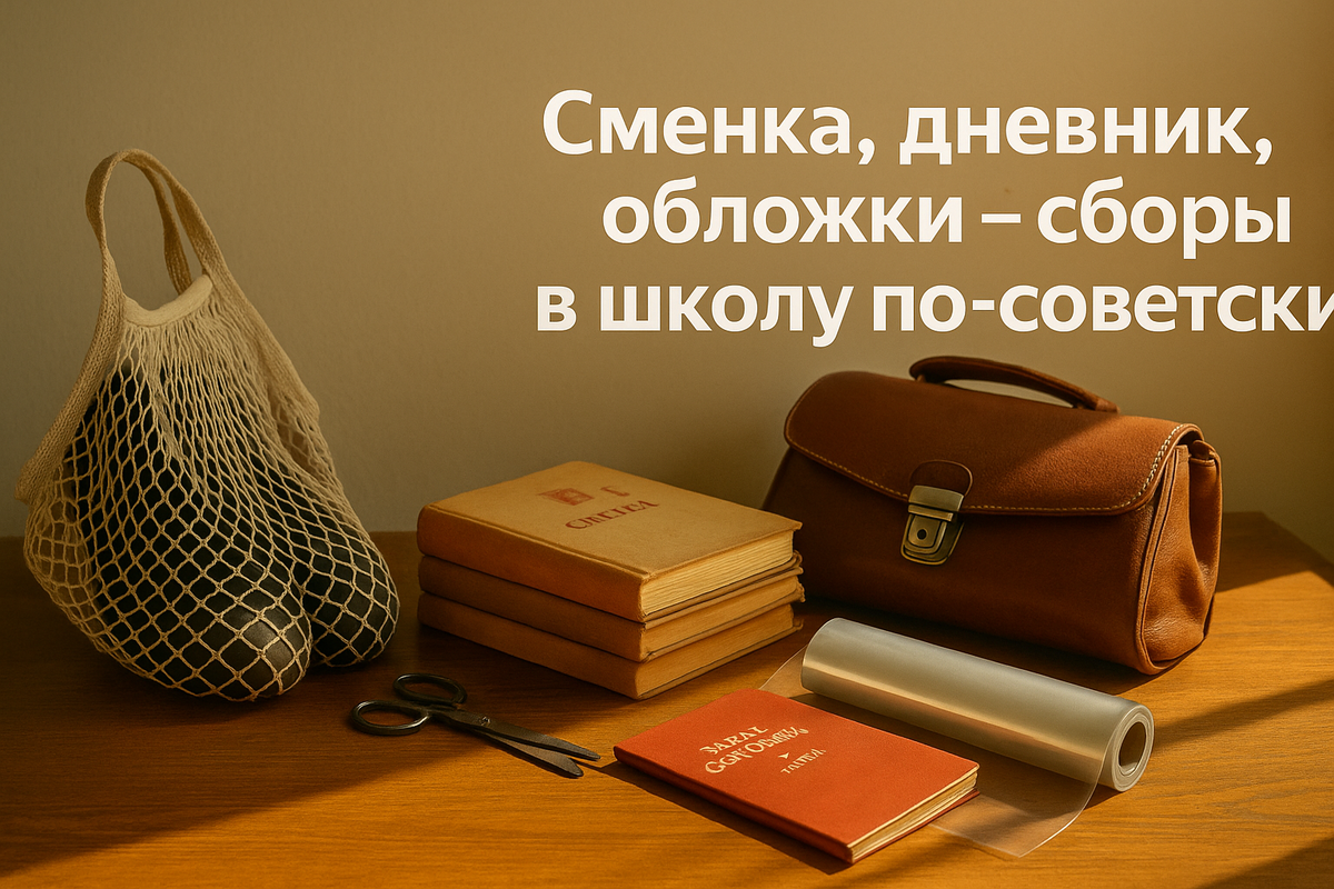 Сетка со сменкой, стопка советских учебников и портфель на столе в утреннем свете — надпись сразу задаёт тему: «Сменка, дневник, обложки — сборы в школу по-советски».