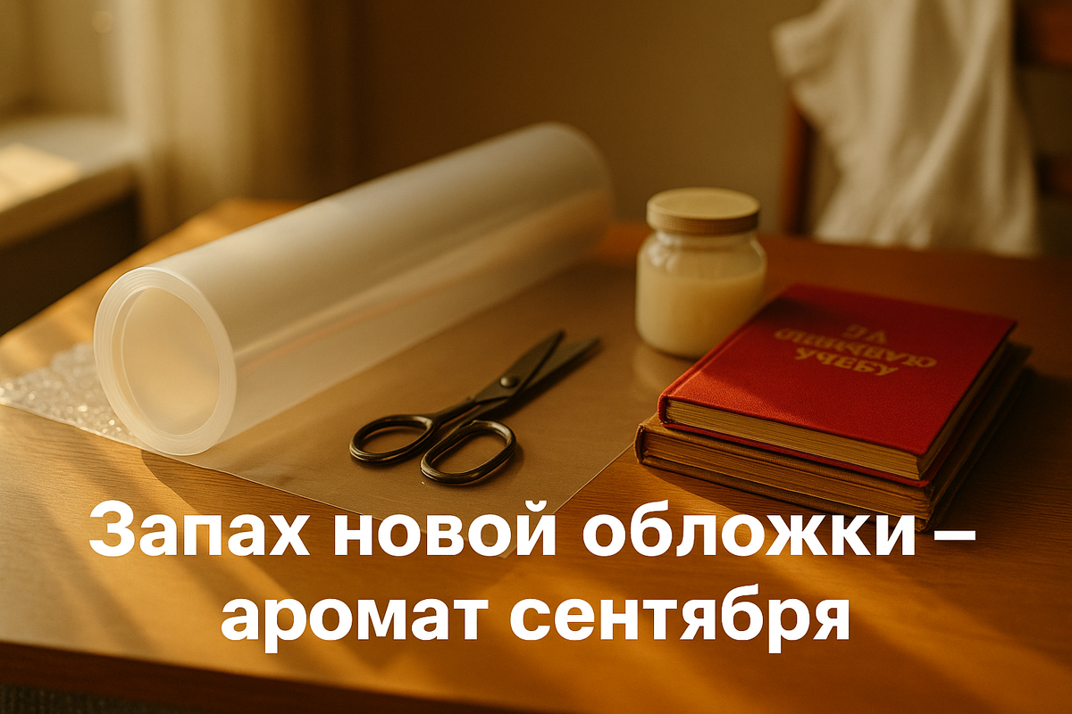 Стол у окна: развернутый рулон полиэтилена, ножницы и лежащий дневник «За отличную учёбу». На заднем плане — баночка с клеем «КМЦ» и белый школьный фартук, сохнущий на спинке стула.