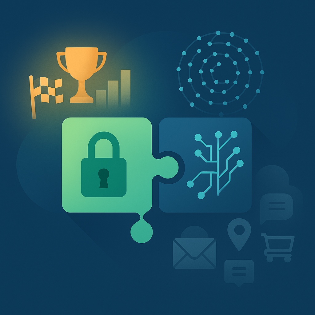 Абстрактная иллюстрация без текста — две пазлинки соединяются: зелёная с открытым замком (open-source) и тёмно-синяя с узором «нейросети». На фоне сияют трофей, флаг и график (бенчмарки), а иконки реальных задач приглушены — намёк, что gpt-oss блистает в тестах, но спорна в практике.