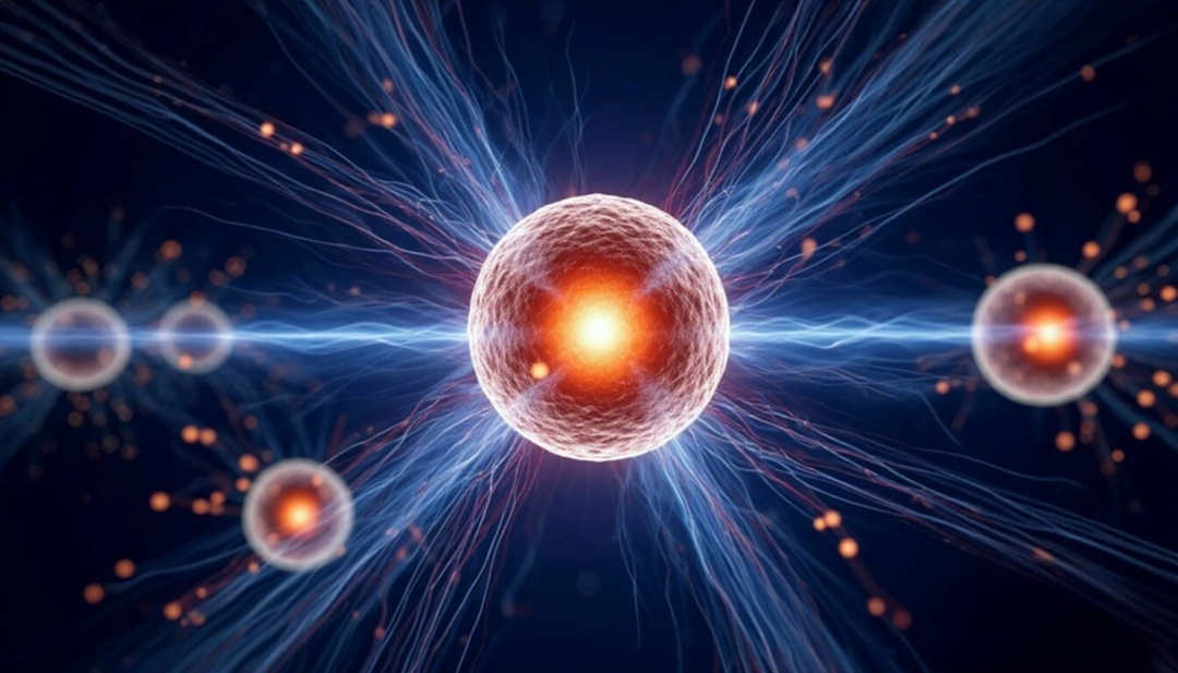 Возбужденное ядро атома после взаимодействия с нейтронами. Изображение создано с помощью AI