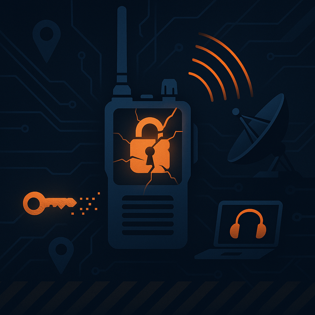 Минималистичная сцена без текста — переносная рация с треснувшим замком, рядом «рассыпающийся» ключ; радиоволны перехватываются тарелкой и ноутбуком. Визуальный намёк на уязвимость E2EE и возможность подслушивания/подмены сообщений.