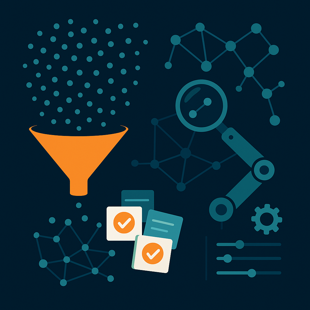 Облако точек и документов падает в «воронку», на выходе остаётся горстка светящихся карточек-меток; роботизированная рука с лупой выхватывает пограничные точки на кластерах, рядом — ползунки настройки. Метафора активного обучения и 10 000× сокращения данных при высокоточных разметках.