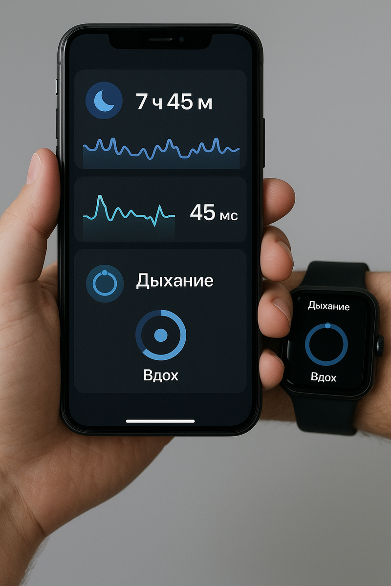 Экран телефона и часов с трекингом сна, HRV и таймером дыхания