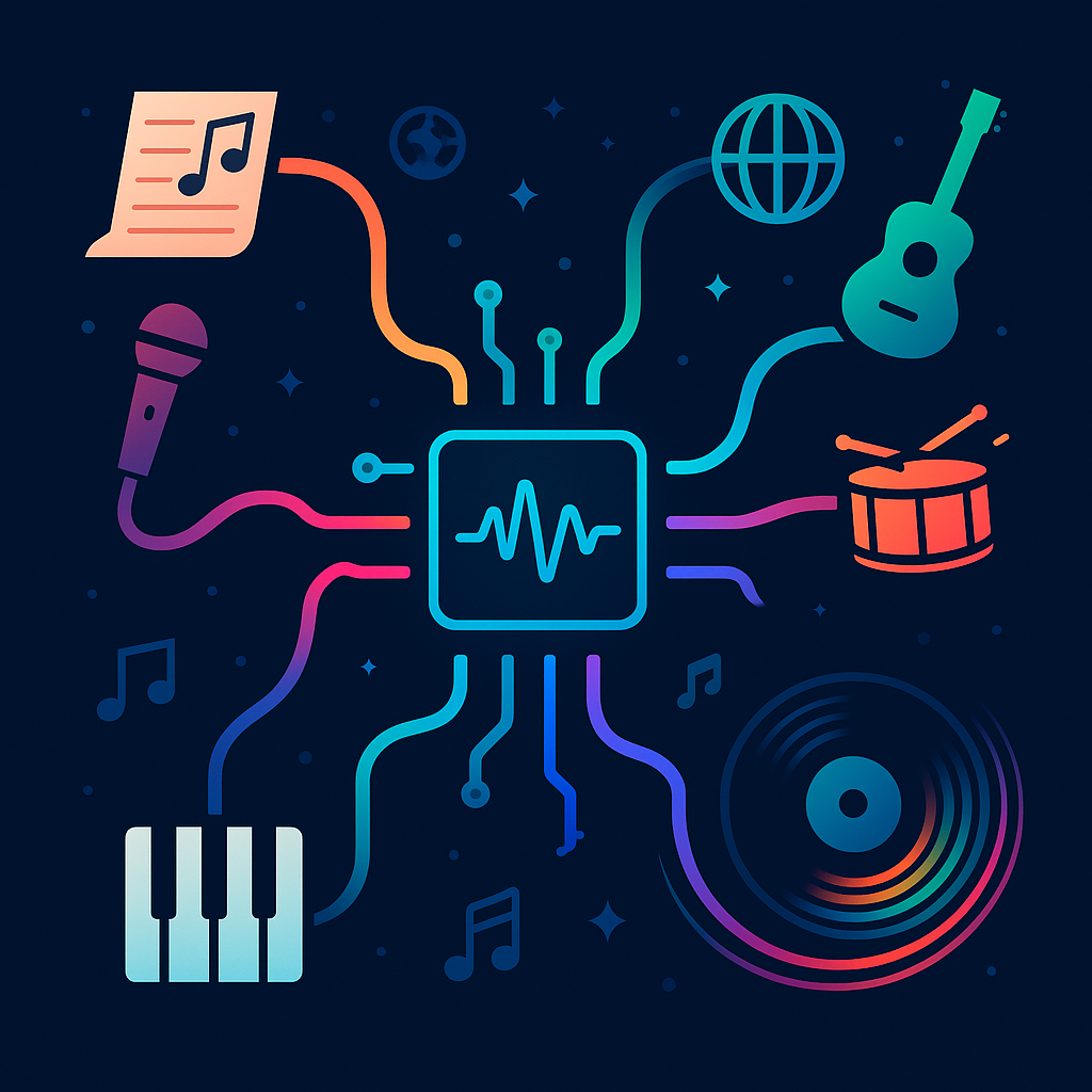 Cияющий «AI-чип» порождает разноцветные волны-дорожки, которые сходятся к иконкам микрофона, гитары, барабана, клавиш и винила; в углу — глобус, намекающий на мультиязычность и смешение стилей. Визуальная метафора YuE: генерация полной песни по лирике с раздельными треками и выразительным вокалом.