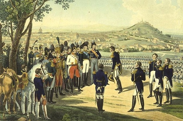 Раскрашенная литография «Кульминация правления Александра I: маршал Мармон вручает ключи от Парижа российскому императору» Фото из открытого доступа