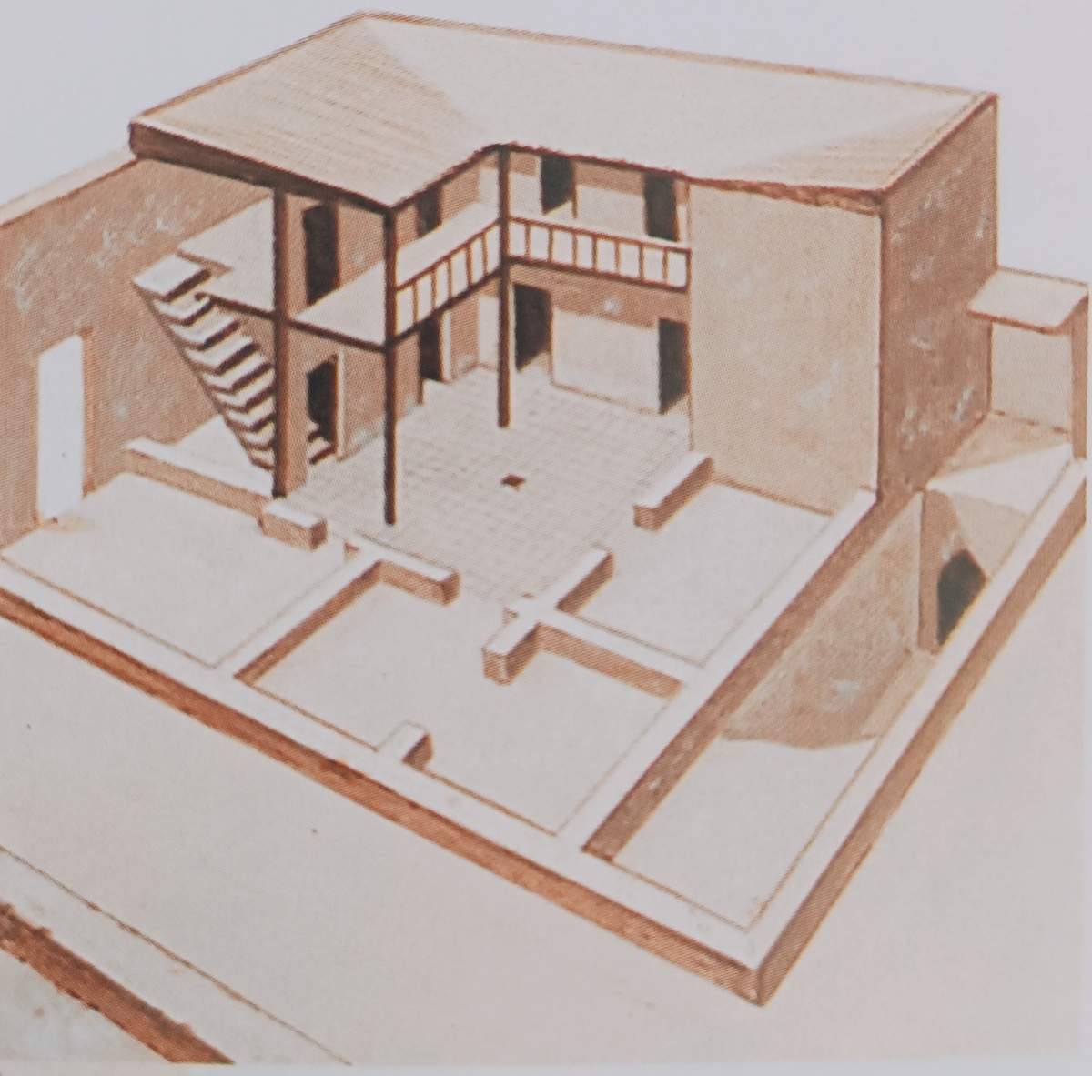 Реконструкция типичного двухэтажного дома из сырцового кирпича в Уре. Помещения располагались вокруг мощёного внутреннего дворика.