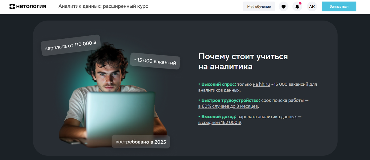 Больше всего вдохновляли зарплаты Аналитиков данных, а востребованность на рынке труда не вызывала сомнений, что работу удастся найти очень быстро
