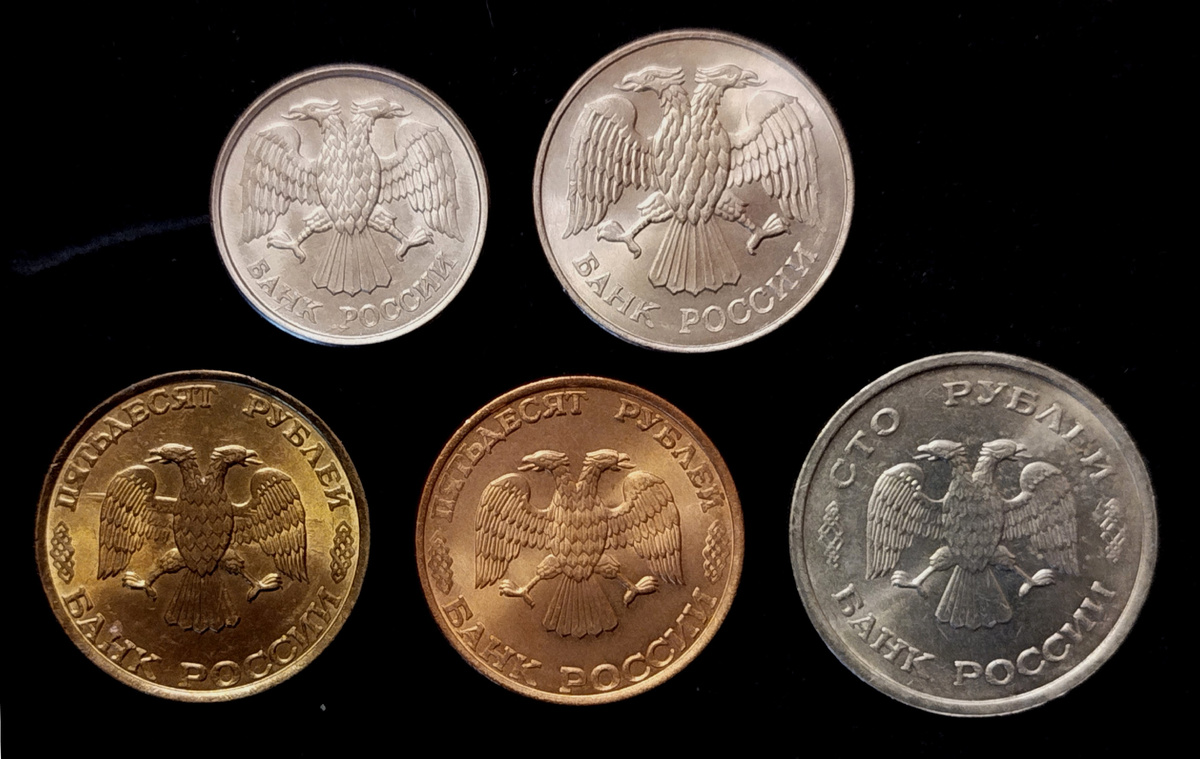 10, 20, 50 (двух типов) и 100 рублей 1993 года.