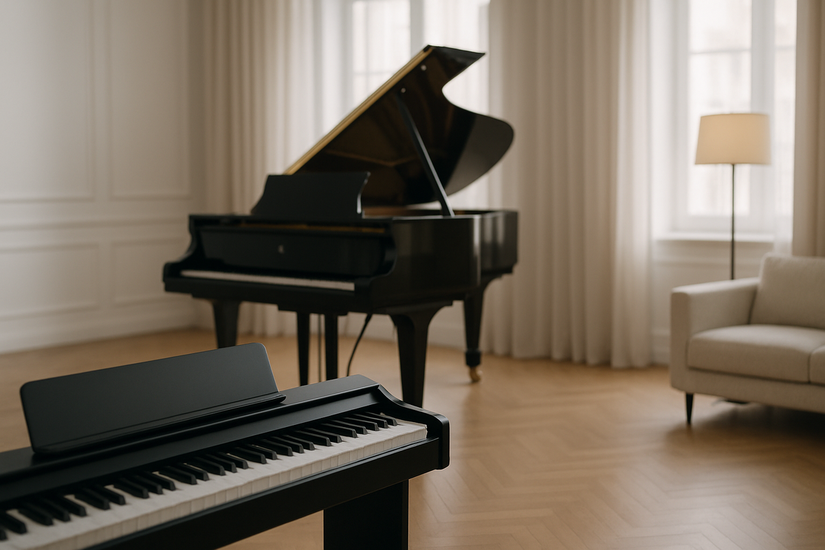 Компактное черное цифровое пианино на переднем плане, за ним большой черный акустический рояль