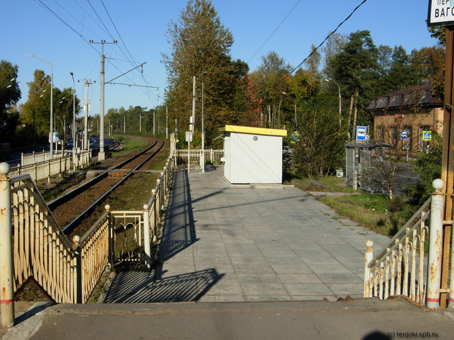 Остановочный пункт Александровская. Вид в сторону Тарховки. На месте разобранного пассажирского павильона установлен временный контейнер - билетная касса. Фото:2015г.