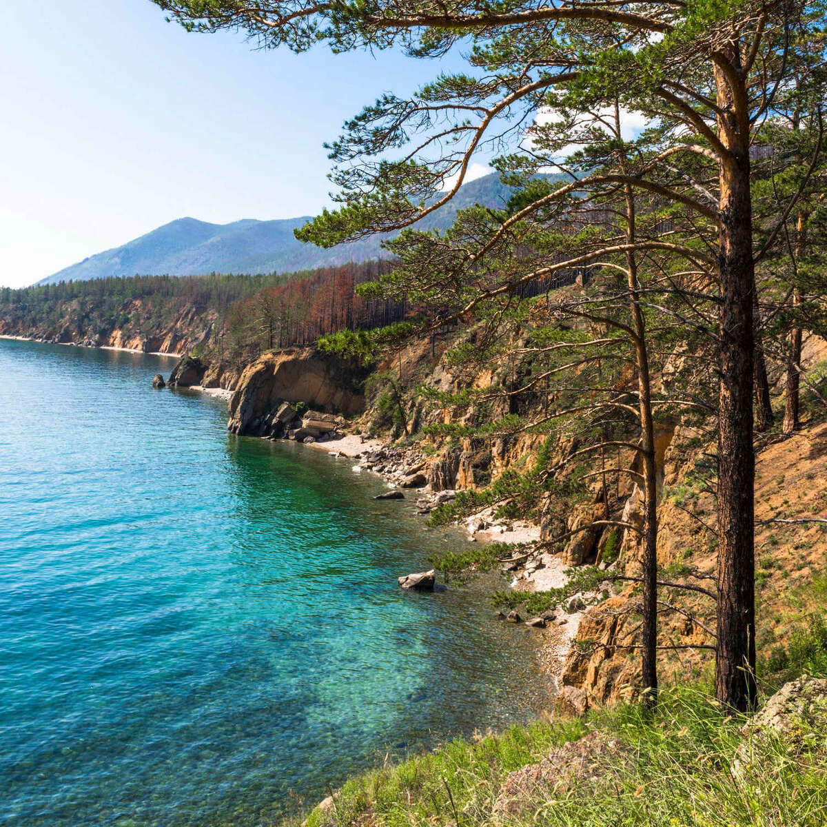 Живописный летний вид на скалистый берег озера Байкал и его чистую воду, окруженную лесом и горами.