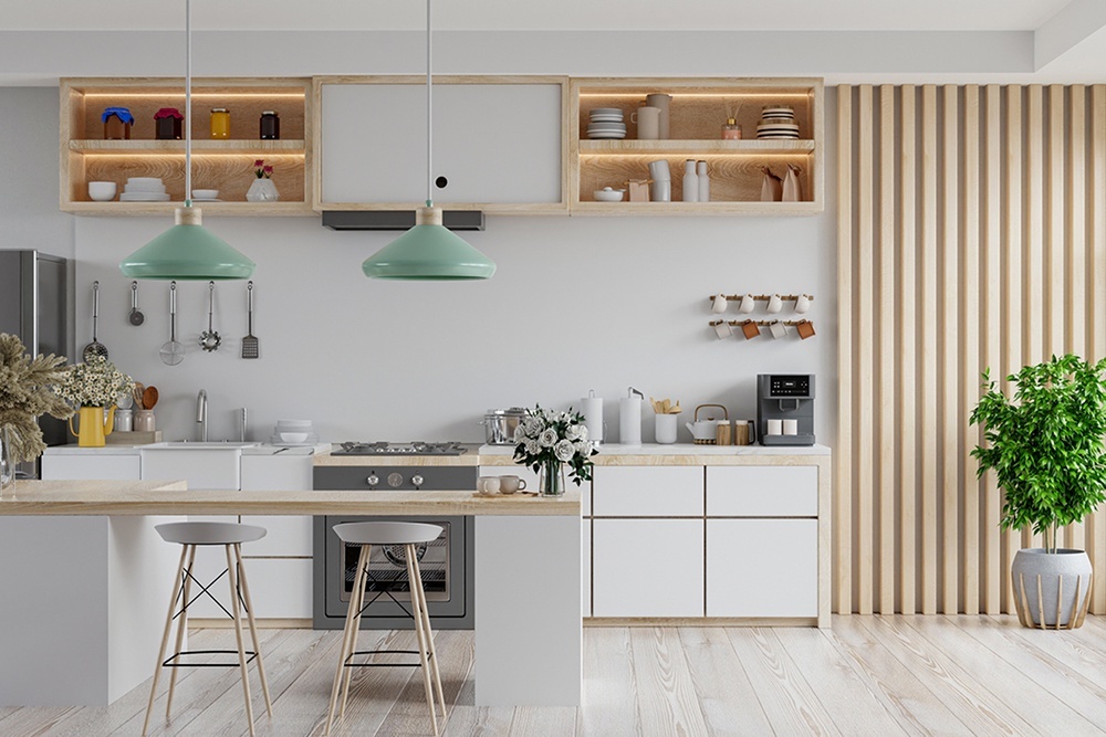    В небольших кухнях барная стойка способна сэкономить пространство, выполняя роль полноценного обеденного стола, на который удобно подавать готовые блюда. / iStock