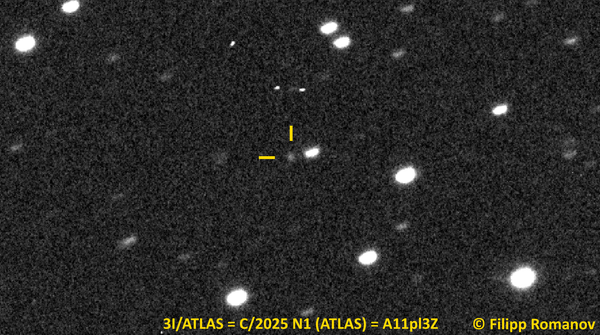 Межзвёздная комета 3I/ATLAS = C/2025 N1 (ATLAS) = A11pl3Z, сфотографированная 2 июля 2025 г. на удаленно управляемом телескопе в Чили