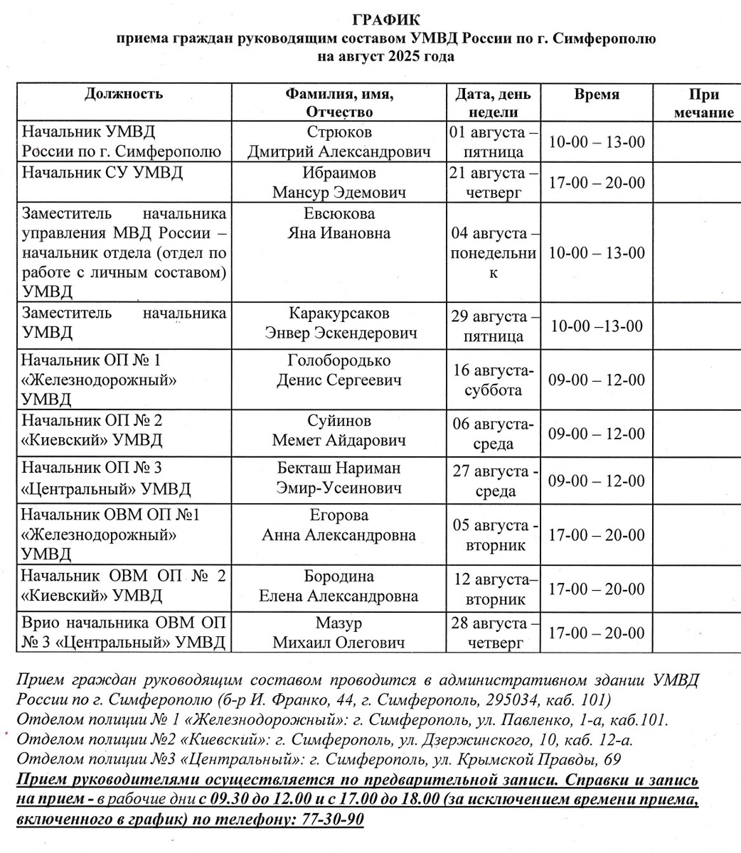 ГРАФИК приема граждан руководящим составом УМВД России по г. Симферополю на август 2025 года