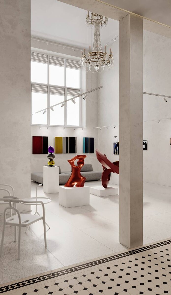 Это зона современного искусства, органично вписанная в архитектуру центра. Высокие потолки, спокойный ритм стен, рассеянный свет и лаконичное оформление — всё подчинено восприятию экспонатов и формирует атмосферу тишины и сосредоточенности.