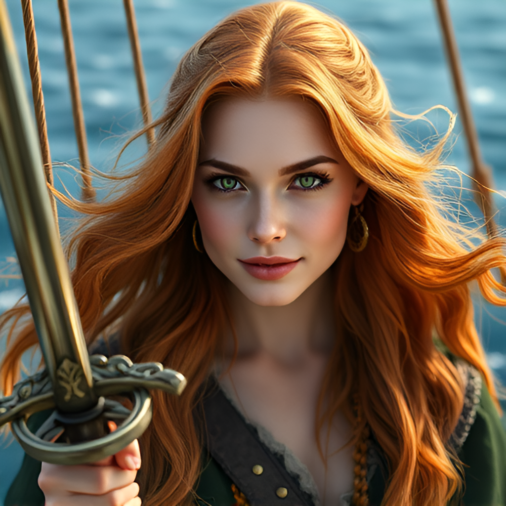 Пиратка Глэд - Старпом пиратского корабля "Морской Конёк". В галерее иллюстрации созданы нейросетью для онлайн генерации картинок dezgo.com.