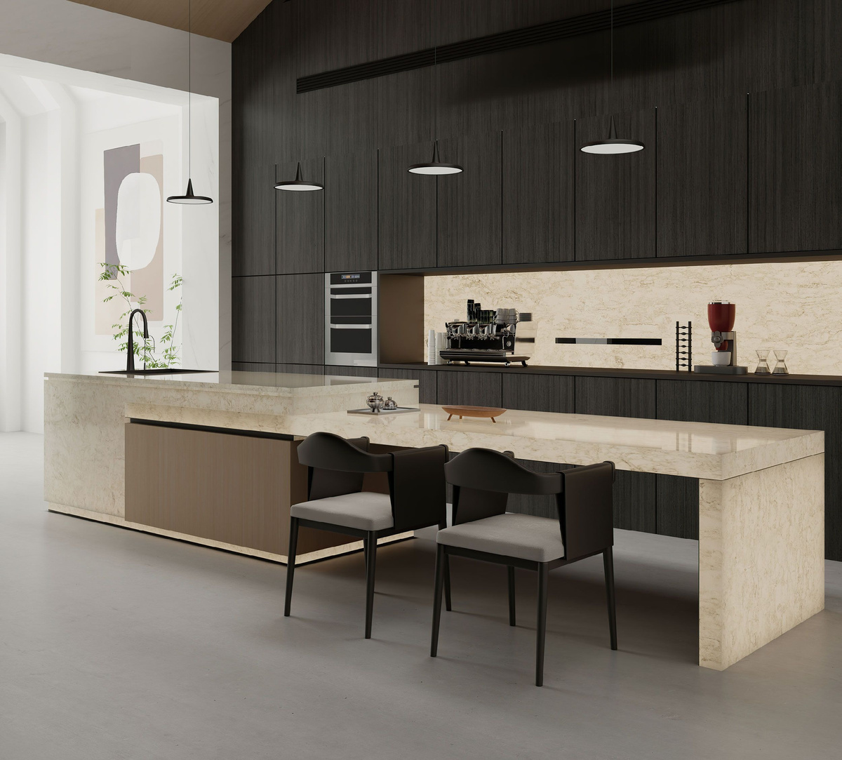 Кварцевый камень Travertino A91 от Aleph Stone в интерьере кухни