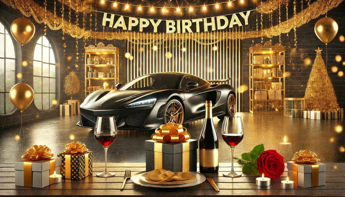 Роскошный черный спортивный автомобиль на фоне золотого декора с гирляндами «Happy Birthday»