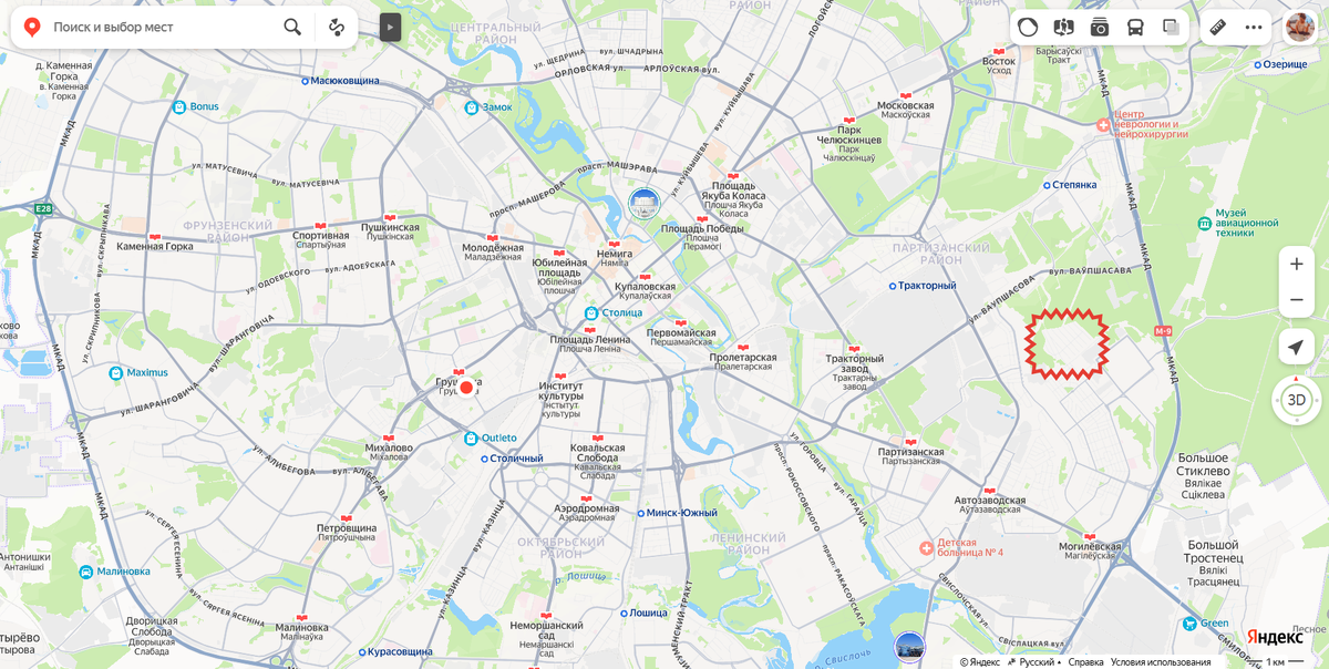 Скриншот с Яндекс.Карт Минск - красным обозначила ДАЧИ