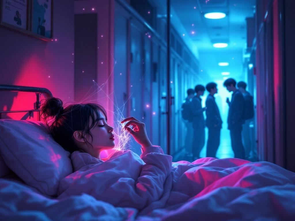    К чему такое снится: На картине изображена сцена, где героиня подходит к группе корейских парней-близнецов в коридоре общежития. Она в недоумении пытается узнать среди них того, с кем по