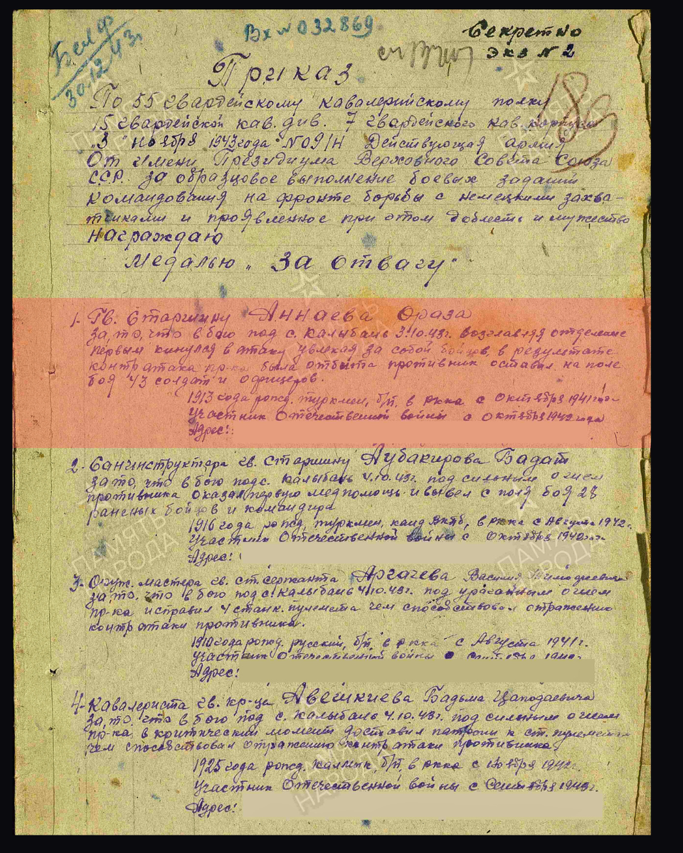 Приказ № 09/н по 55 гвардейскому кавалерийскому полку 15-й гвардейской кавалерийской дивизии 7-го гвардейского кавалерийского корпуса от 3 ноября 1943 года о награждении медалью «За отвагу» гвардии старшину Аннаева Ораза. Дата документа: 03.11.1943. Источник: pamyat-naroda.ru