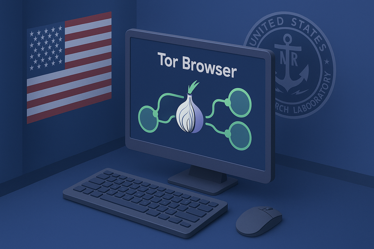 Изометрическая сцена с Tor Browser в комнате ВМС США — монитор с логотипом луковицы и сетью узлов, рядом флаг США и эмблема Naval Research Laboratory, символизируя военное происхождение технологии и её роль в приватности.