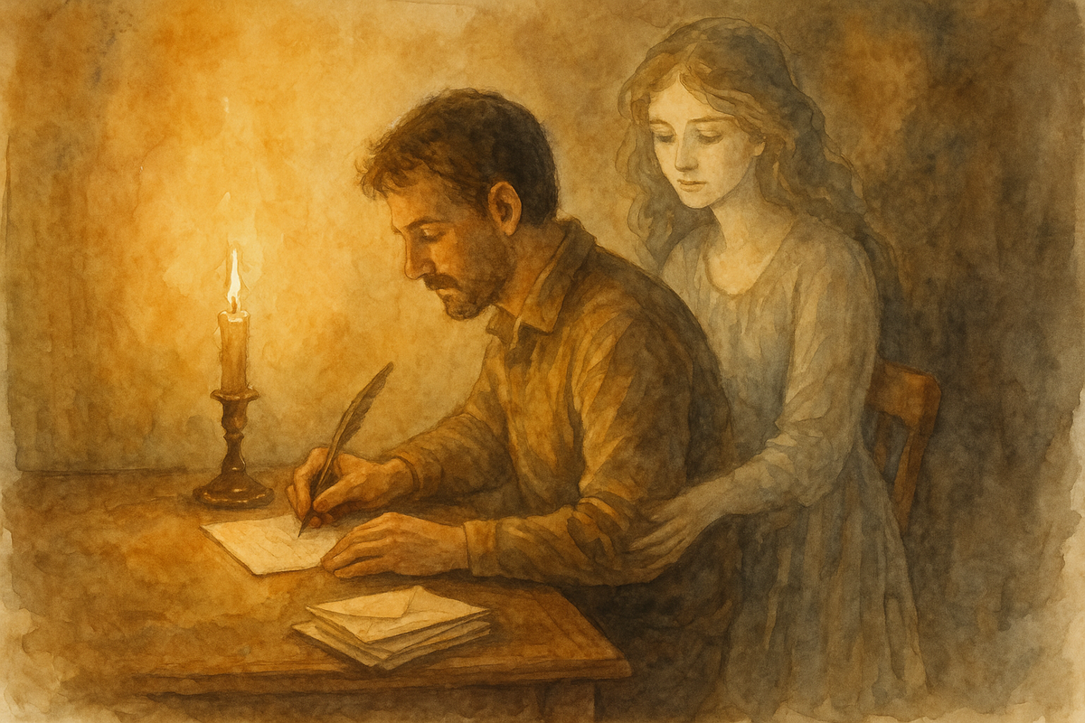 Мужчина пишет письмо при свече