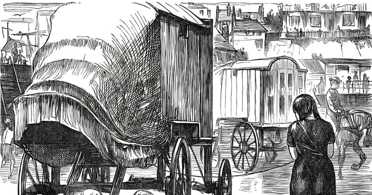 Купальная машина с опущенным тентом в виде капюшона, который прикрывал выход в воду.